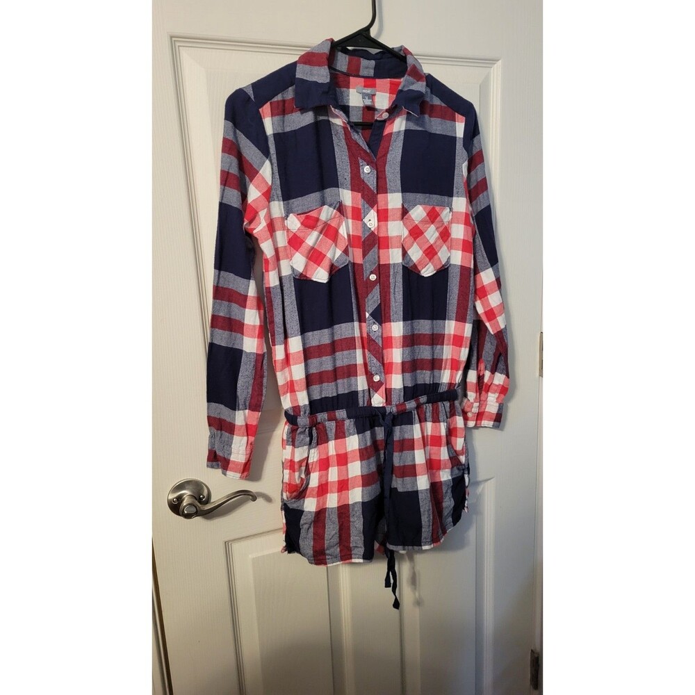 Aerie Plaid Flannel Pajama Romper Long Sleeve Red Blue White Size S Small